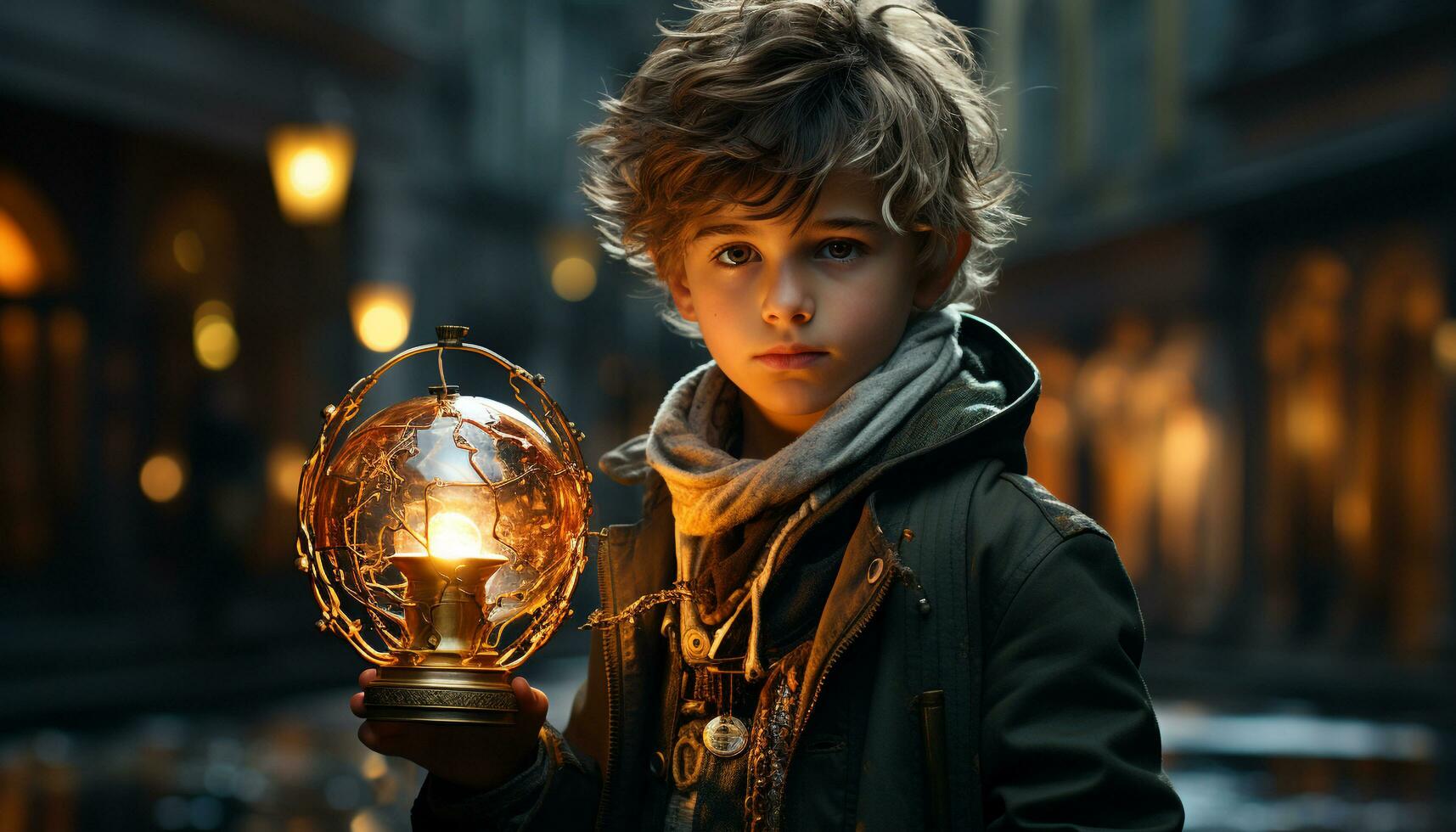 AI generated Smiling boys illuminated by lantern, enjoying winter night outdoors generated by AI photo