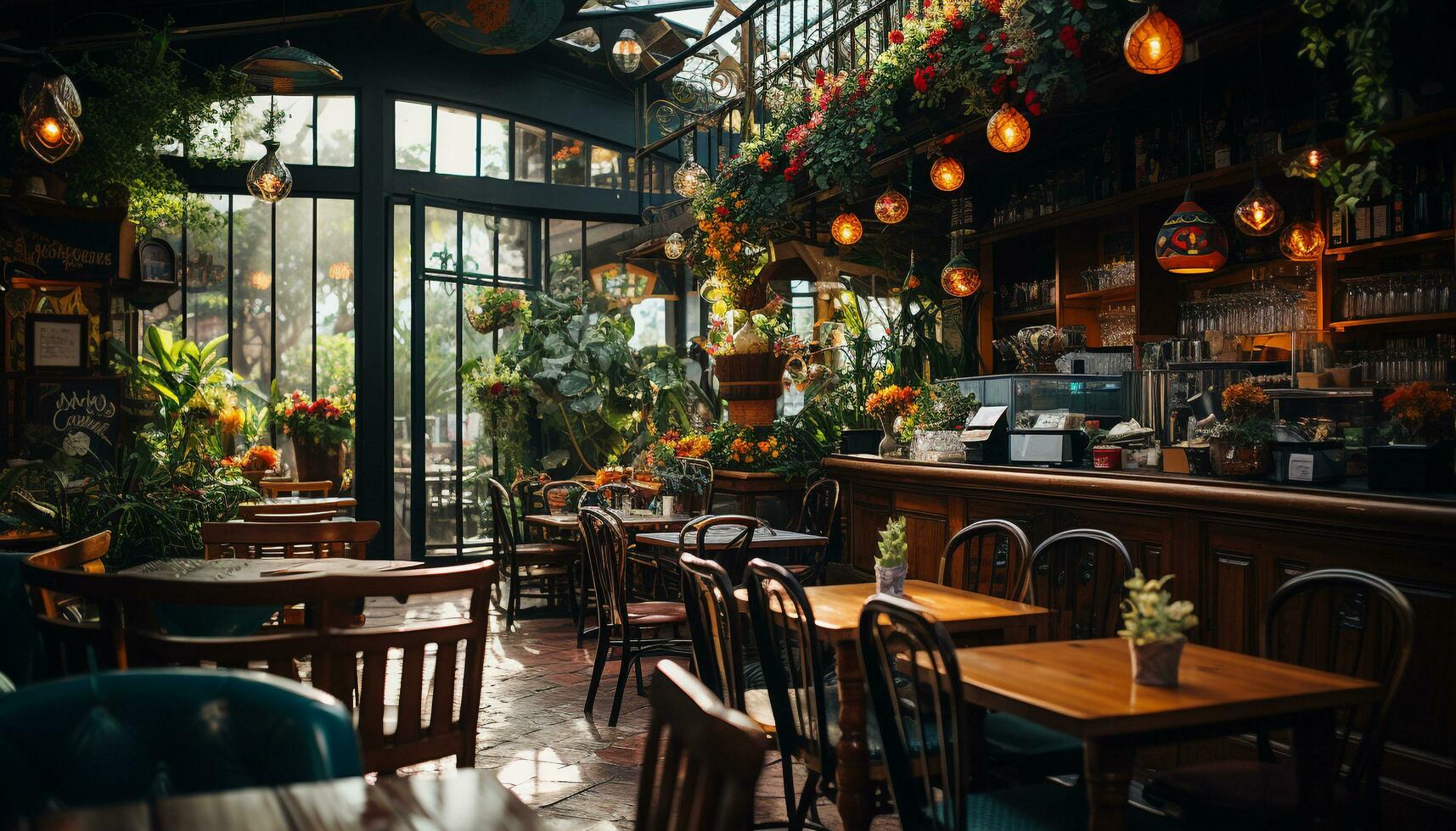 ai generado moderno café tienda con iluminado bar y acogedor de madera sillas generado por ai foto