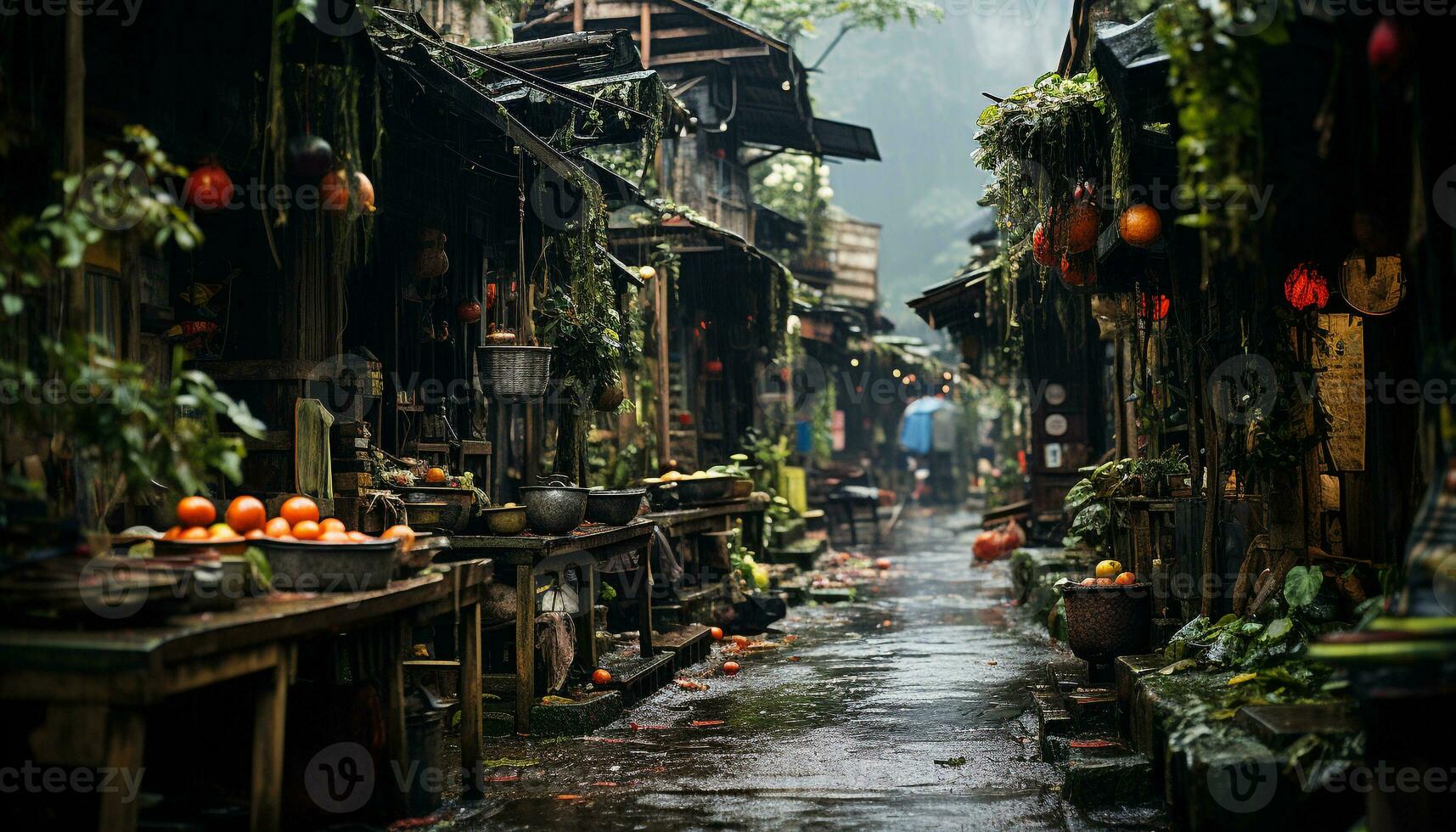 ai generado famoso ciudad calle, concurrido con al aire libre mercados y linternas generado por ai foto