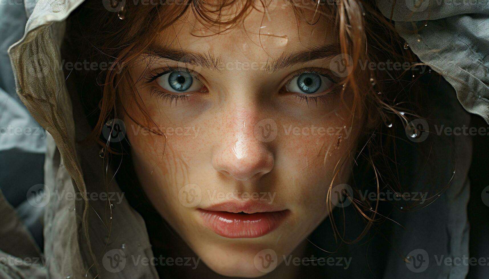 AI generated Young woman with wet hair looking at camera outdoors generated by AI photo