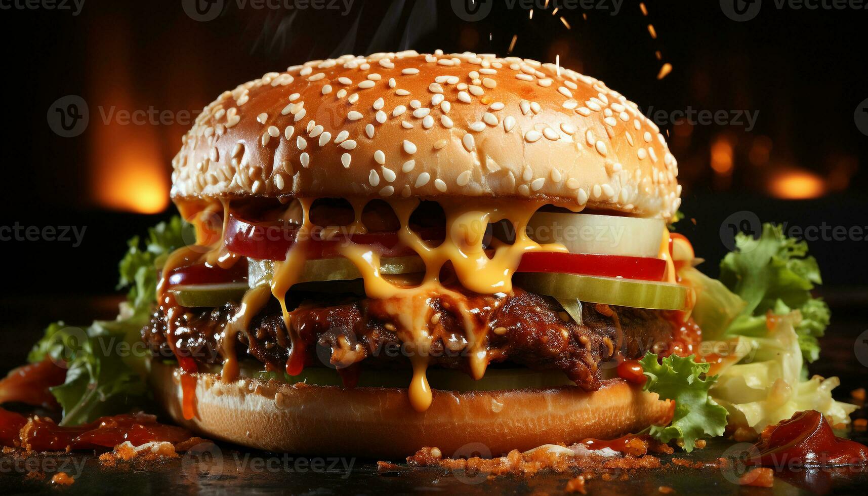 AI generated Grilled gourmet burger with melted cheddar, fresh tomato, and onion generated by AI photo