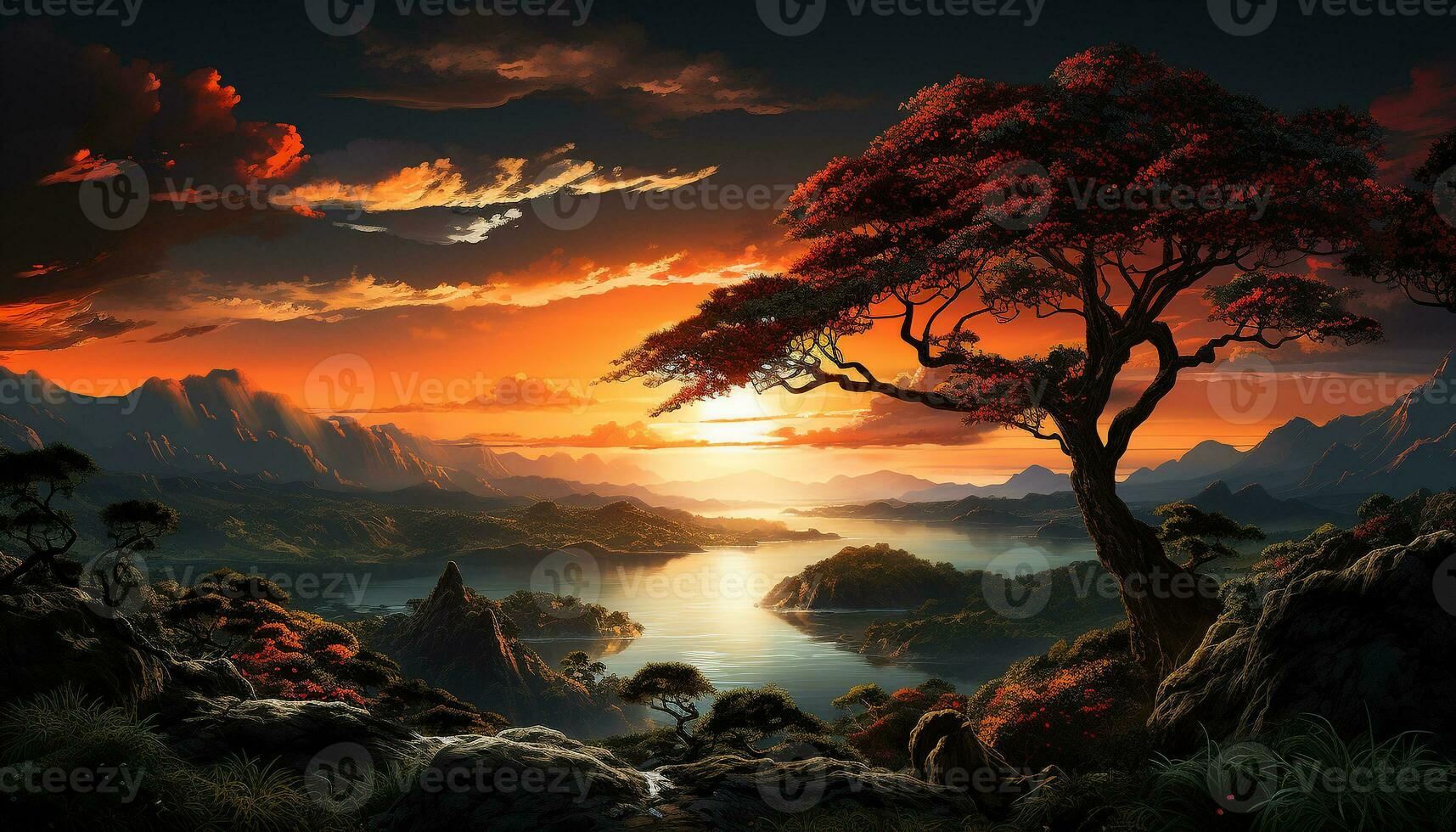 AI generated Silhouette of tree on mountain peak, reflecting tranquil sunset generated by AI photo