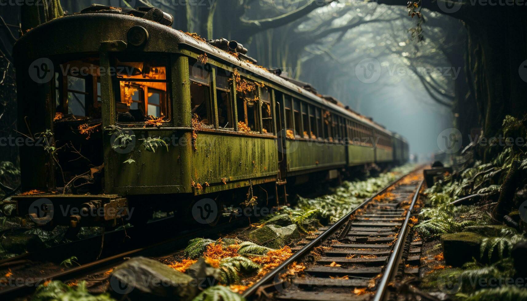 AI generated Old steam train speeds through abandoned forest, vanishing into darkness generated by AI photo