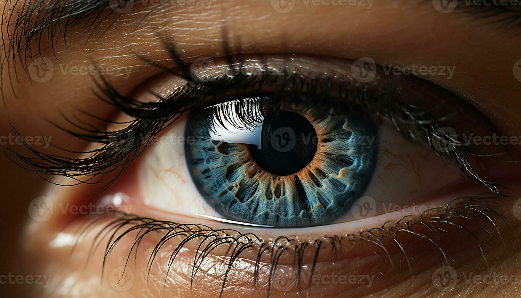 AI generated Close up of a woman blue eye, staring into the camera generated by AI photo