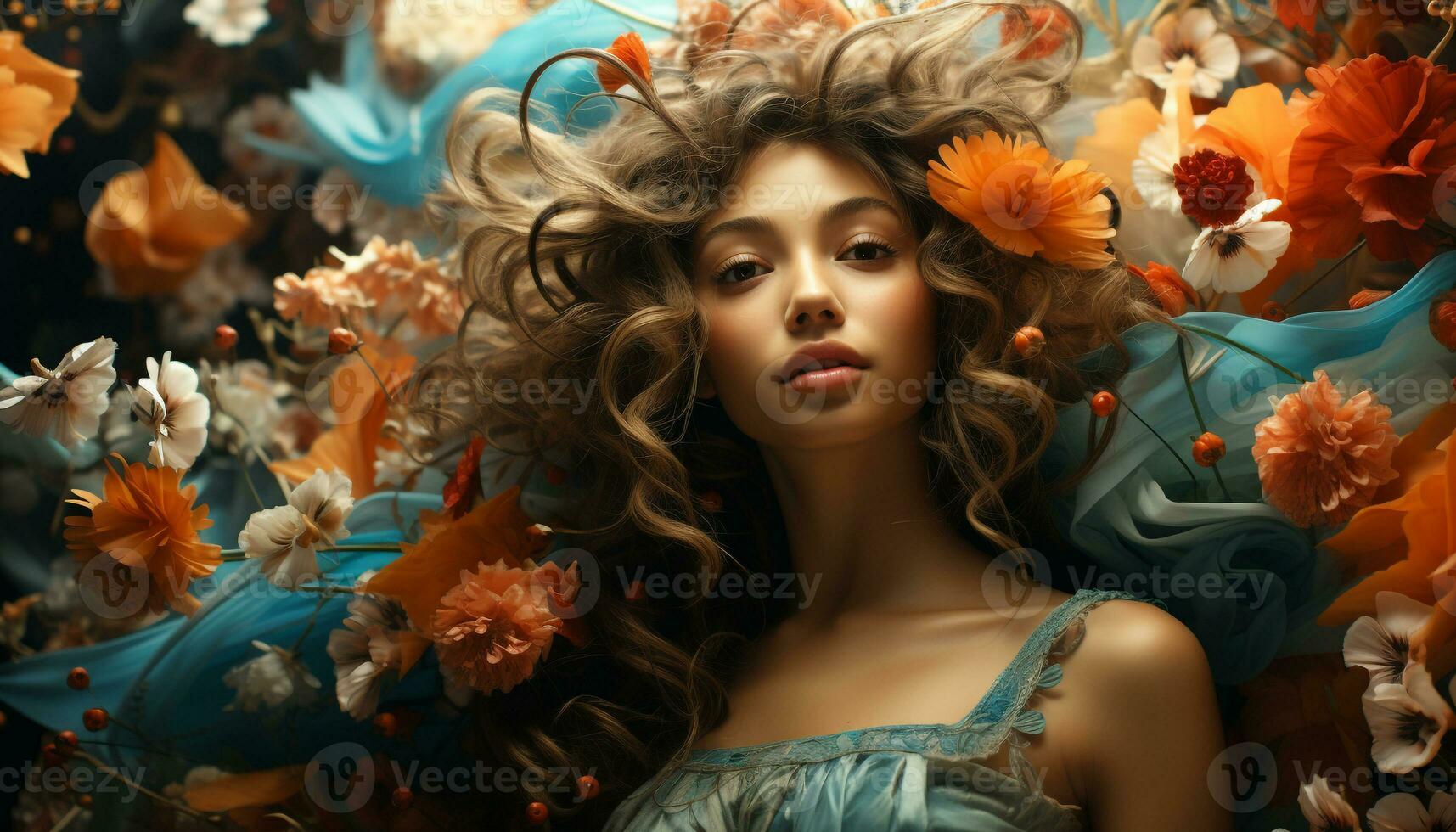 AI generated A beautiful young woman with long curly hair and a flower generated by AI photo