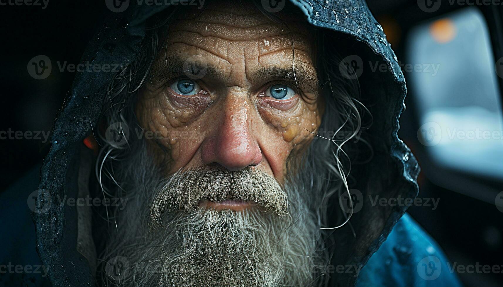 AI generated A serious man with gray hair looking outdoors in the rain generated by AI photo