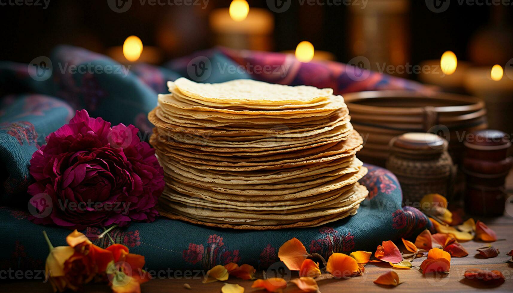 AI generated Stack of homemade pancakes with fresh fruit and candle decoration generated by AI photo