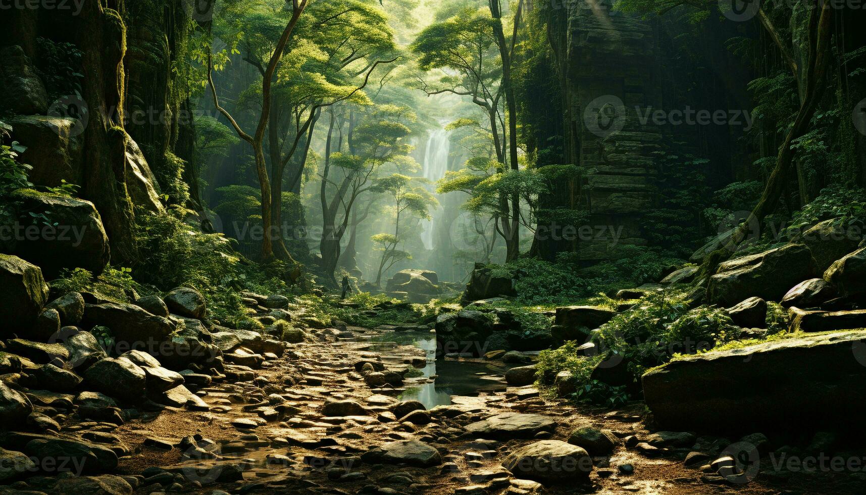 AI generated Mysterious fog blankets tranquil tropical rainforest, revealing nature hidden beauty generated by AI photo