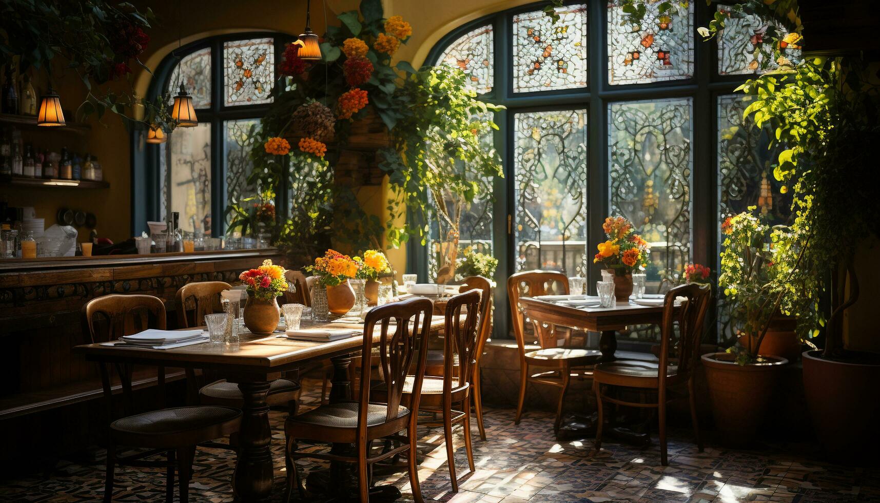 ai generado moderno comida mesa con elegante decoración y hermosa flor ramo de flores generado por ai foto