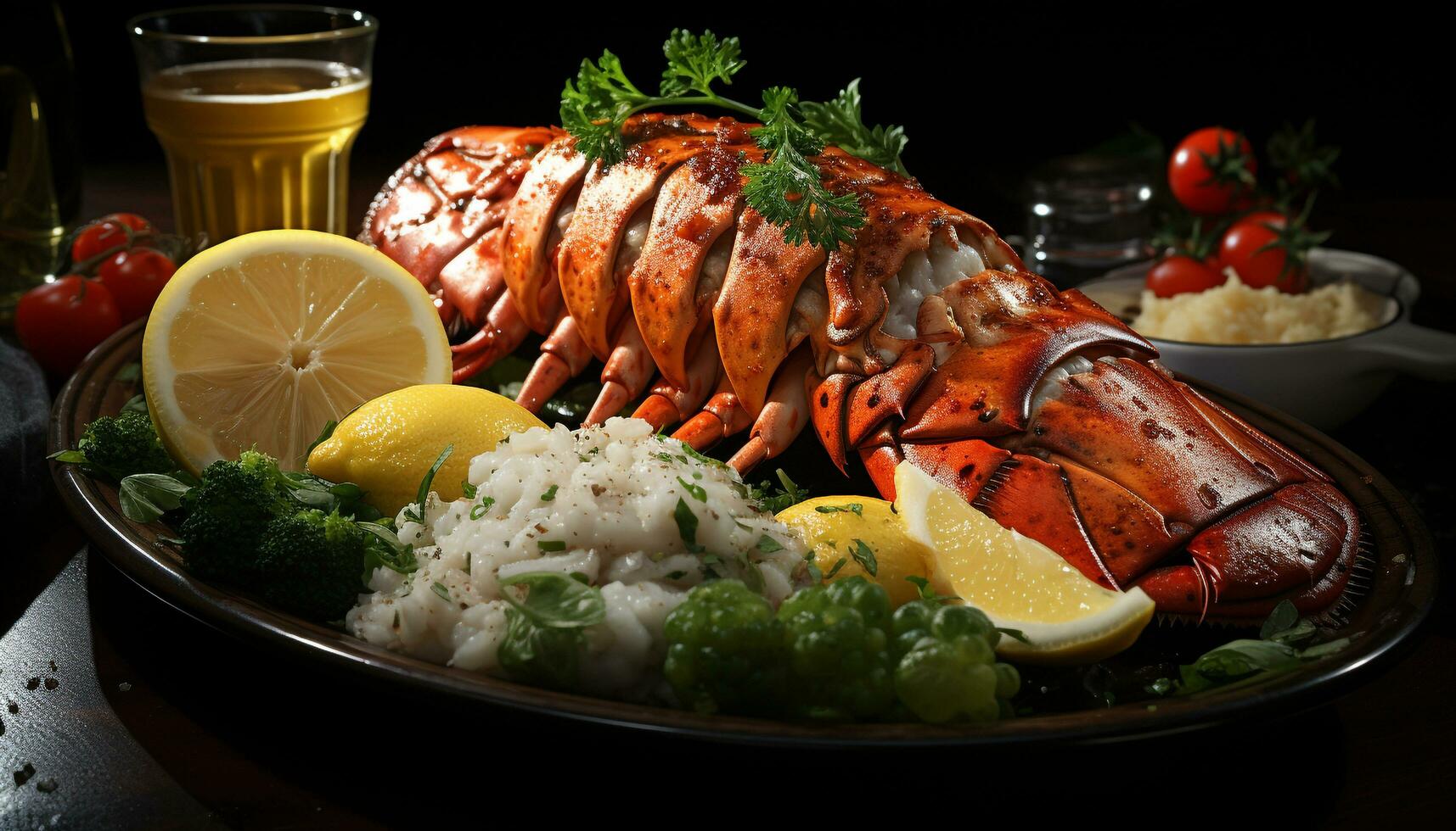AI generated Grilled seafood plate with fresh lemon and healthy vegetables generated by AI photo