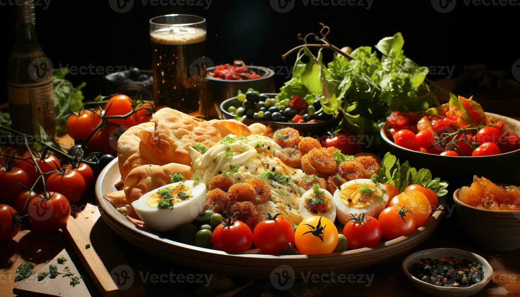 AI generated Freshness on wood table grilled meat, gourmet salad, healthy appetizer generated by AI photo