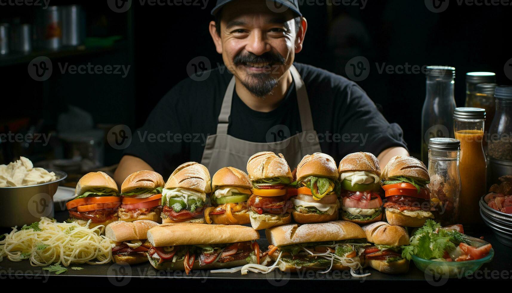 AI generated Smiling chef grills fresh beef for gourmet cheeseburger meal generated by AI photo
