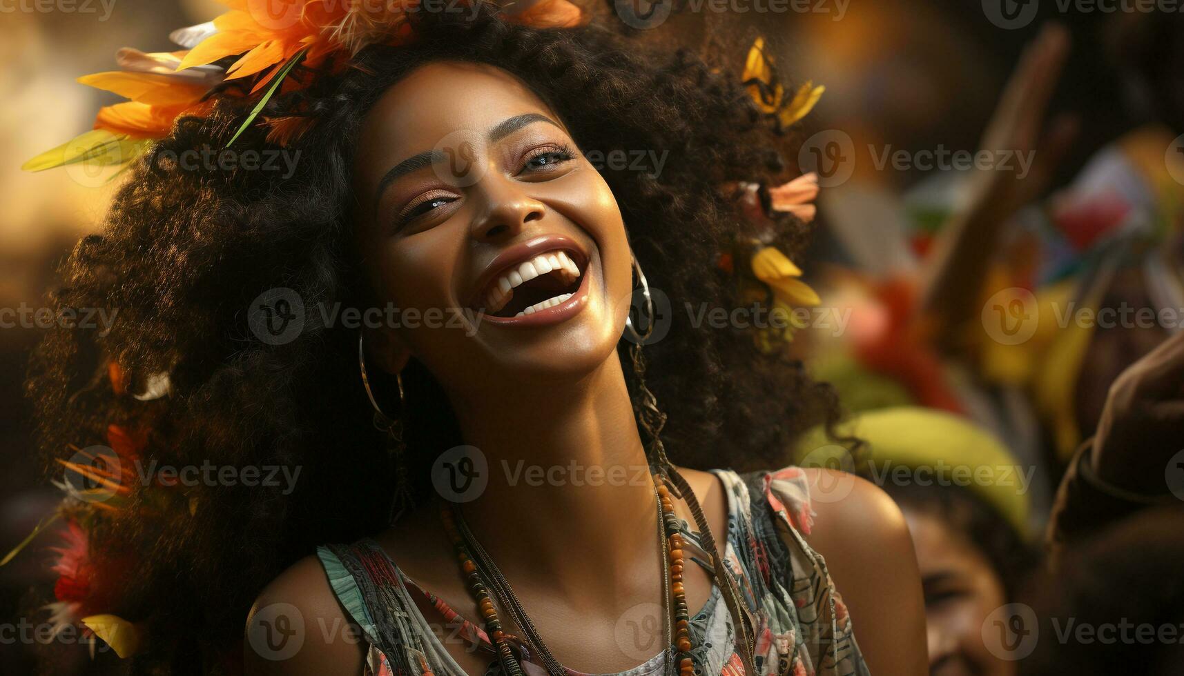 AI generated Young woman with a toothy smile enjoying nature outdoors generated by AI photo