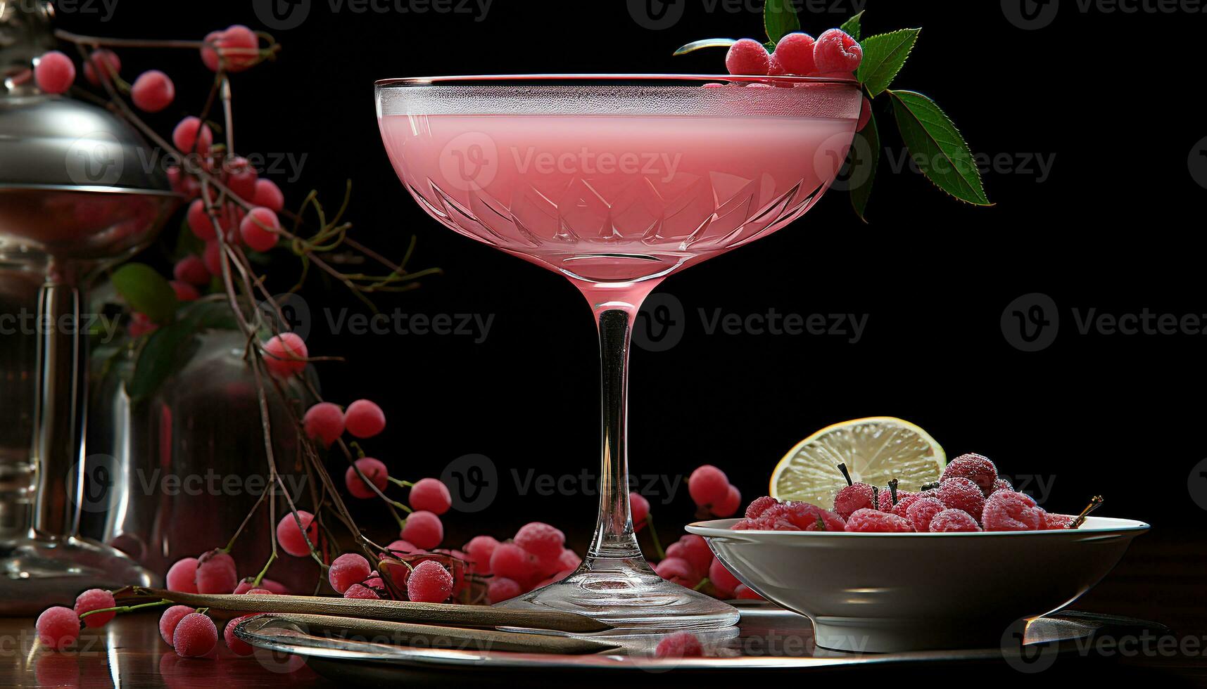 AI generated Refreshing cocktail with raspberry, lemon, and strawberry on black background generated by AI photo