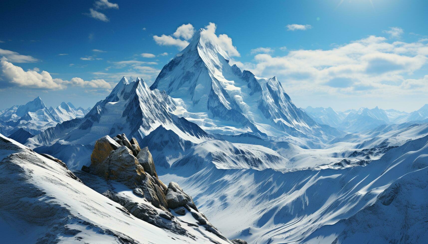 AI generated Majestic mountain peak, snow capped, tranquil nature beauty in panoramic view generated by AI photo