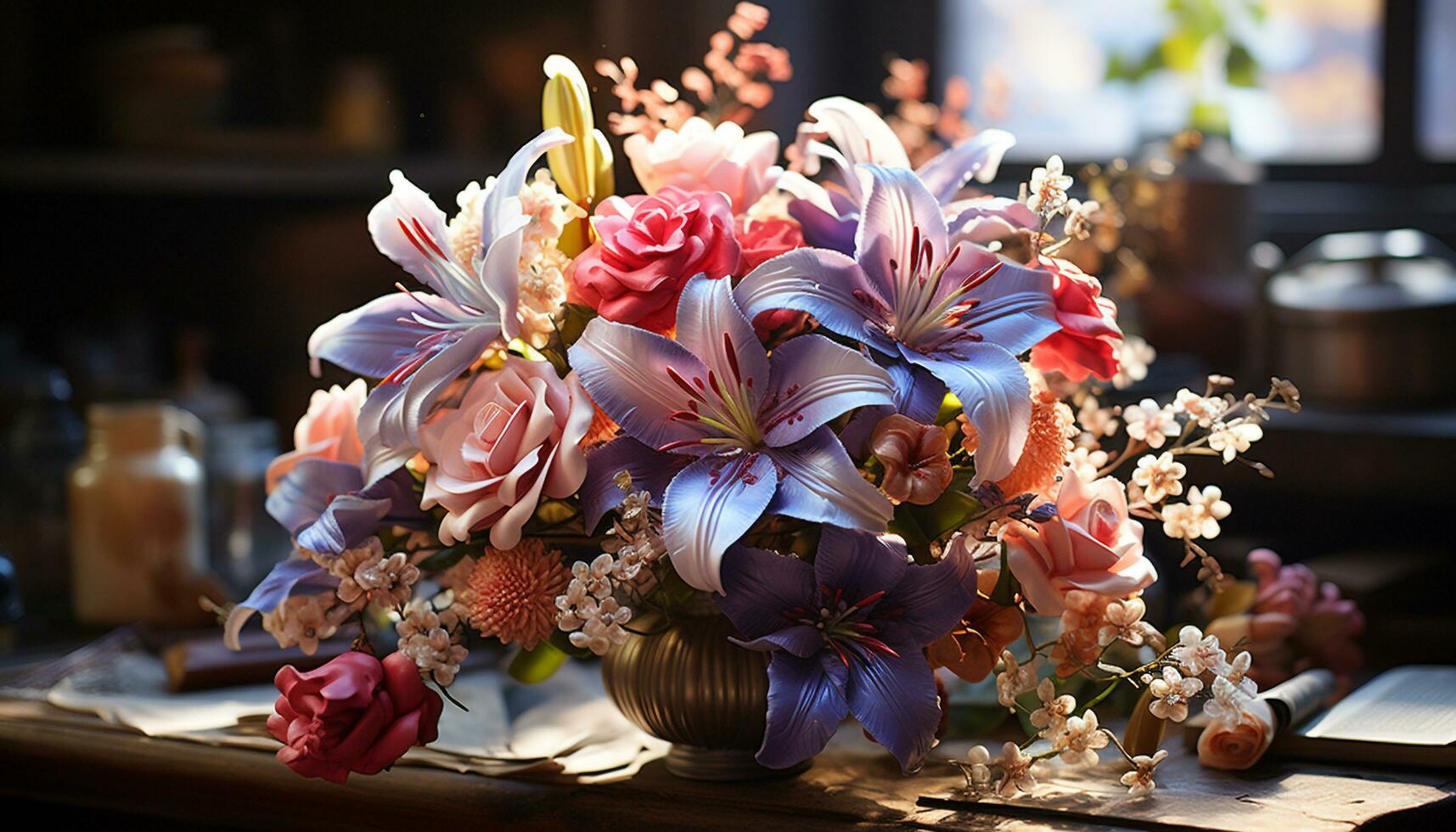 AI generated A rustic bouquet of multi colored flowers brings freshness indoors generated by AI photo