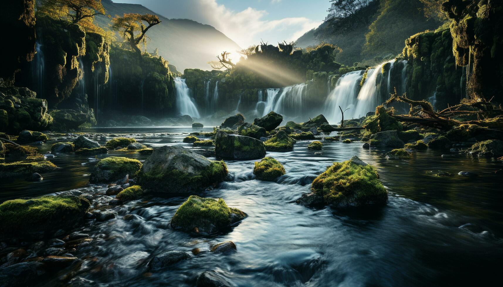 AI generated Tranquil sunset over mountain range, reflecting in flowing water generated by AI photo