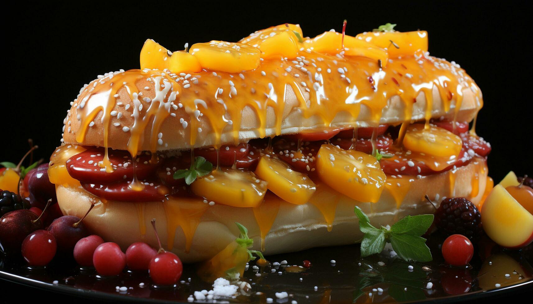 AI generated Gourmet meal fresh meat, grilled tomato, healthy salad generated by AI photo