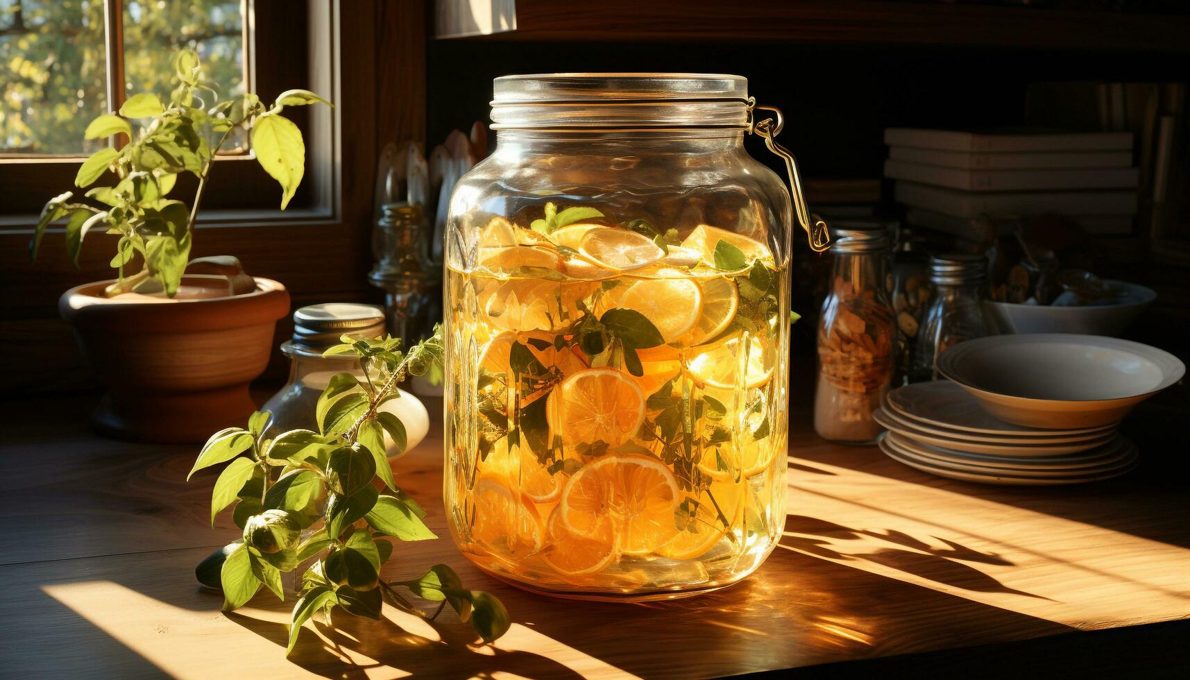 AI generated Refreshing citrus cocktail on wooden table, nature summer drink generated by AI photo