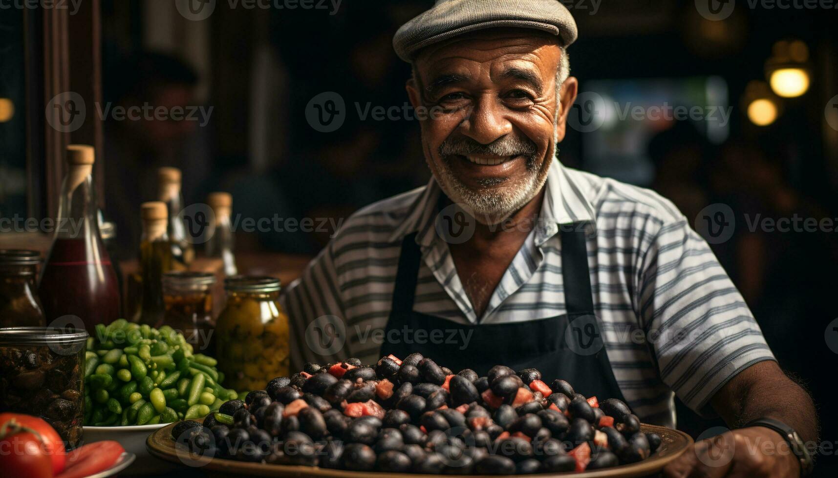 AI generated One man standing, smiling, holding fresh organic fruit generated by AI photo