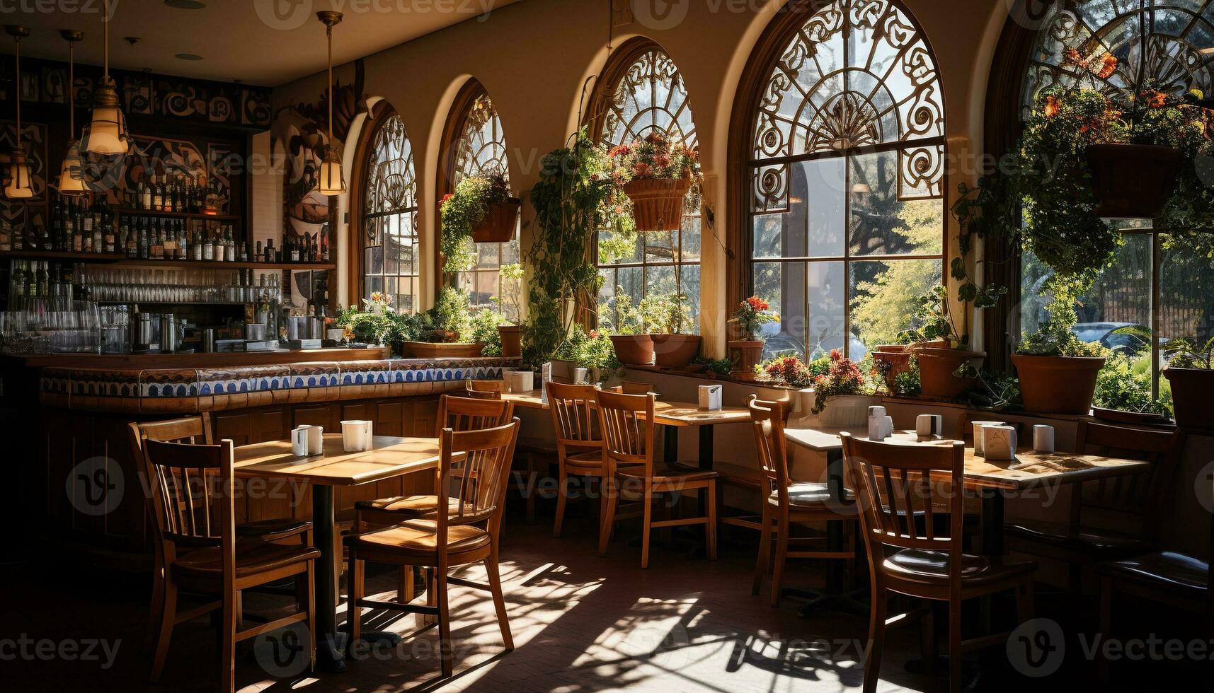 AI generated Cozy dining room with modern design, rustic wood table generated by AI photo