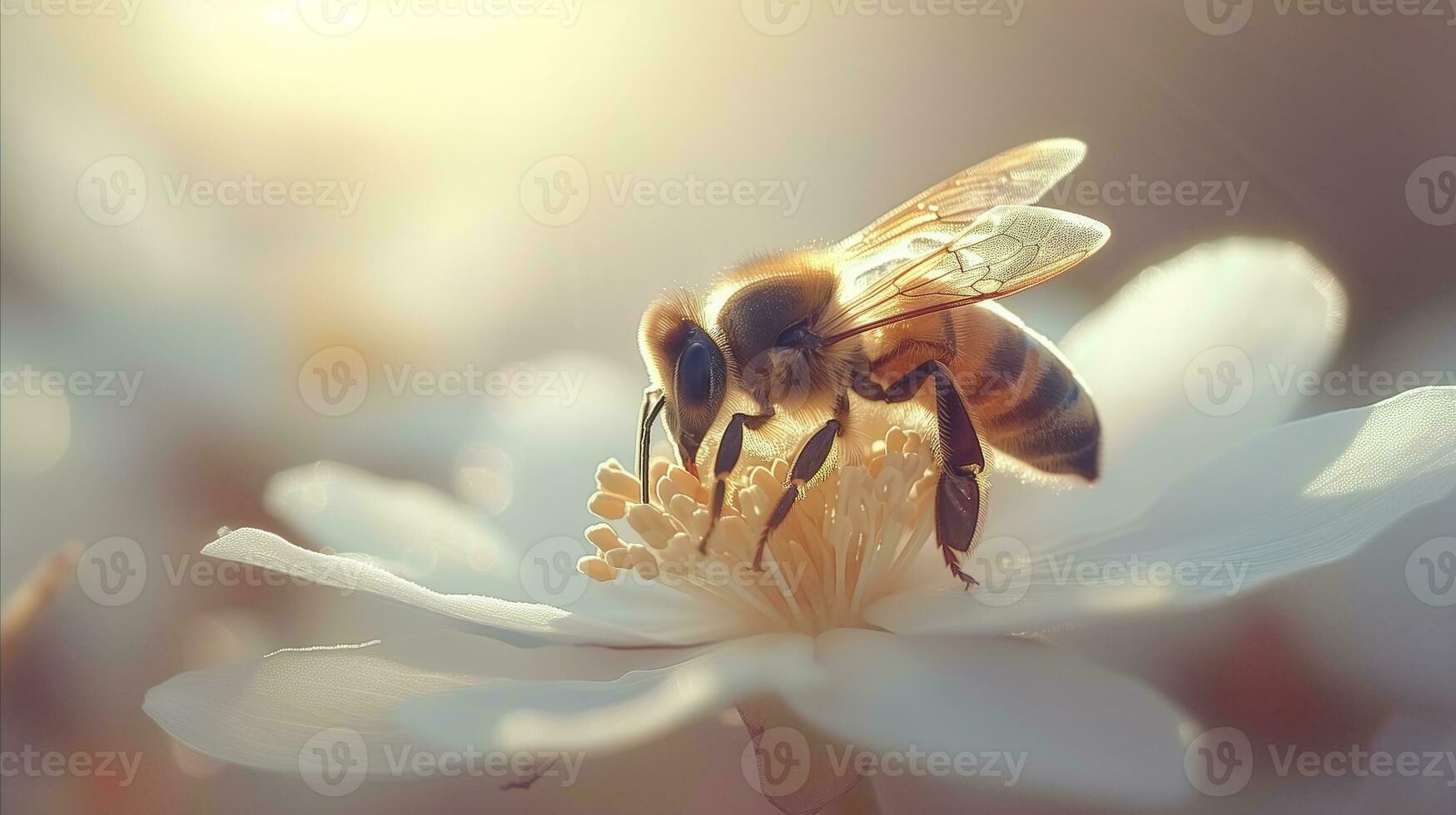AI generated Honeybee collecting nectar on a white flower in soft sunlight photo