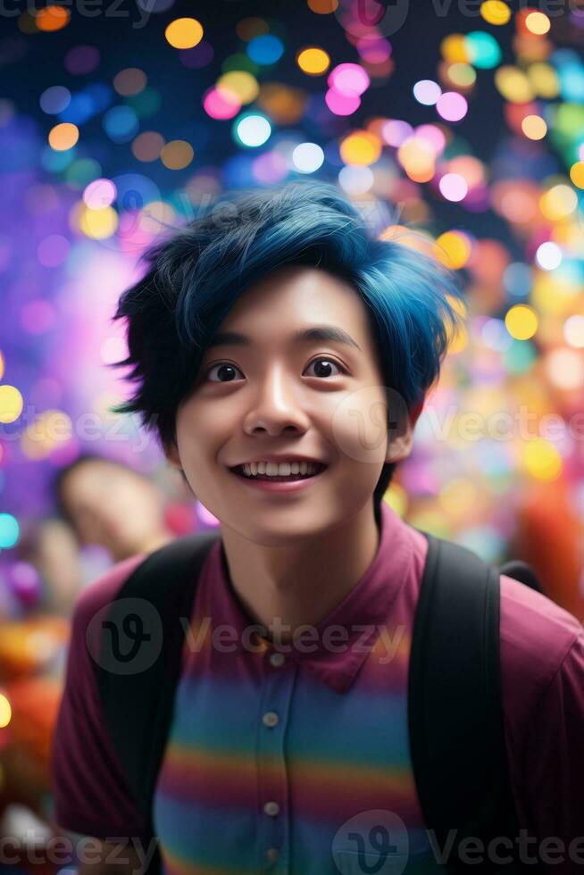AI generated A man with blue hair and a backpack smiles, radiating excitement and curiosity. Generative AI photo