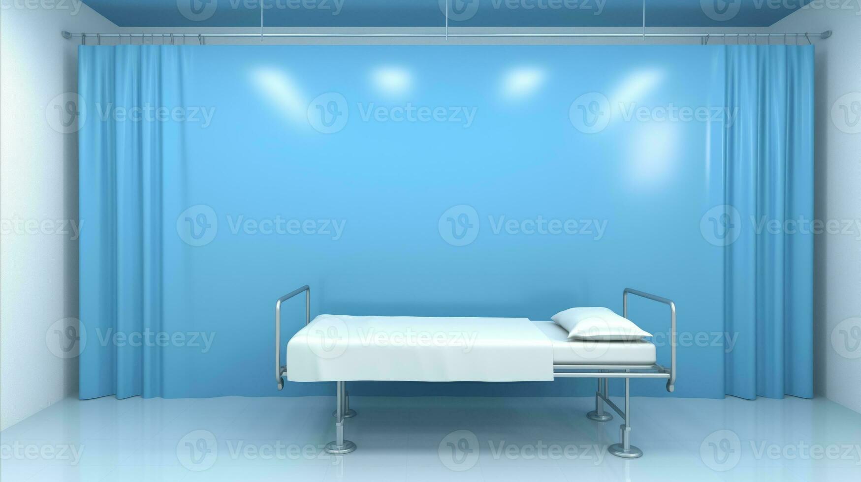 AI generated A hospital bed in a room with blue walls. Generative AI photo