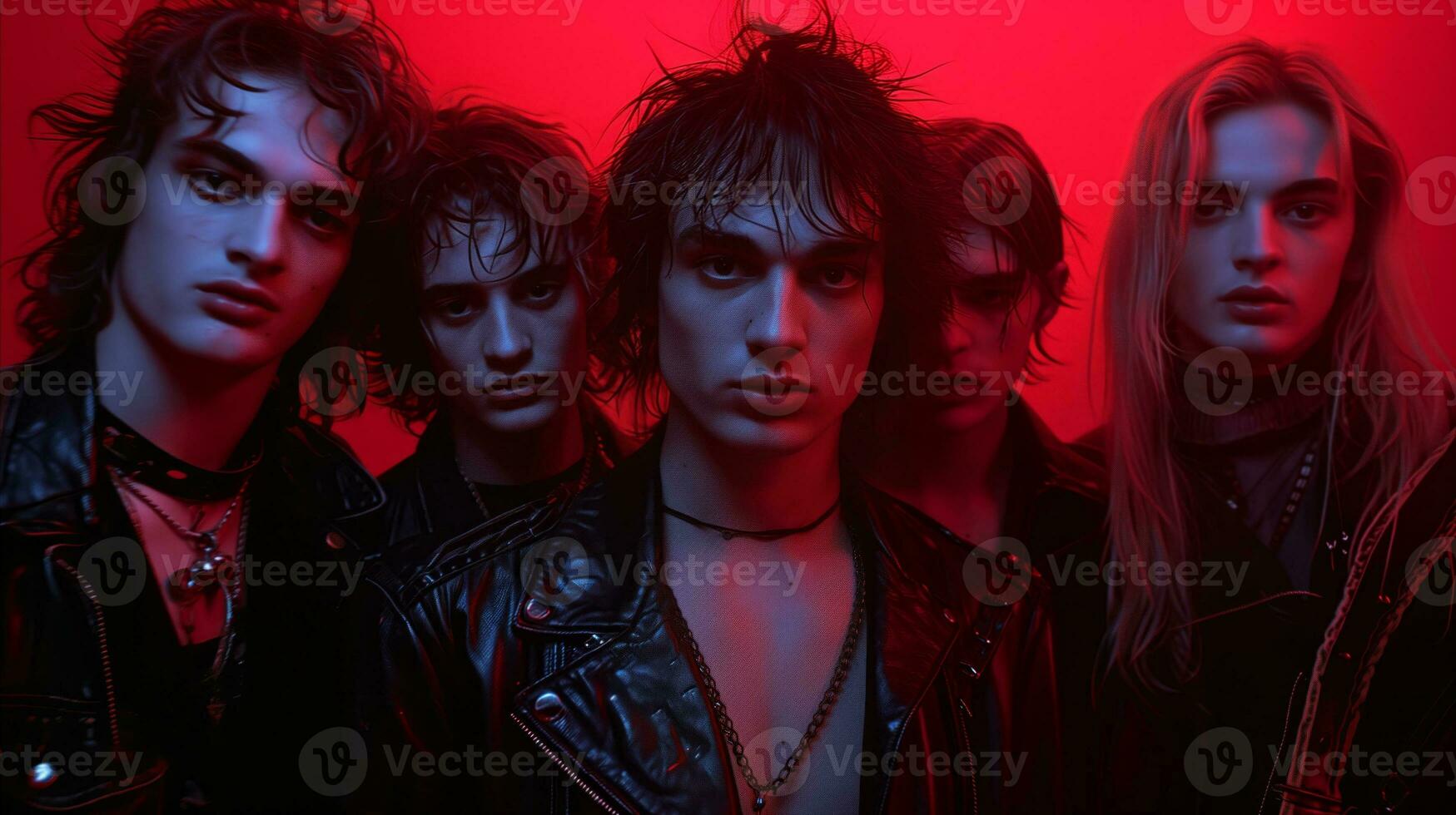 AI generated Edgy rock band members in leather jackets under red neon light photo