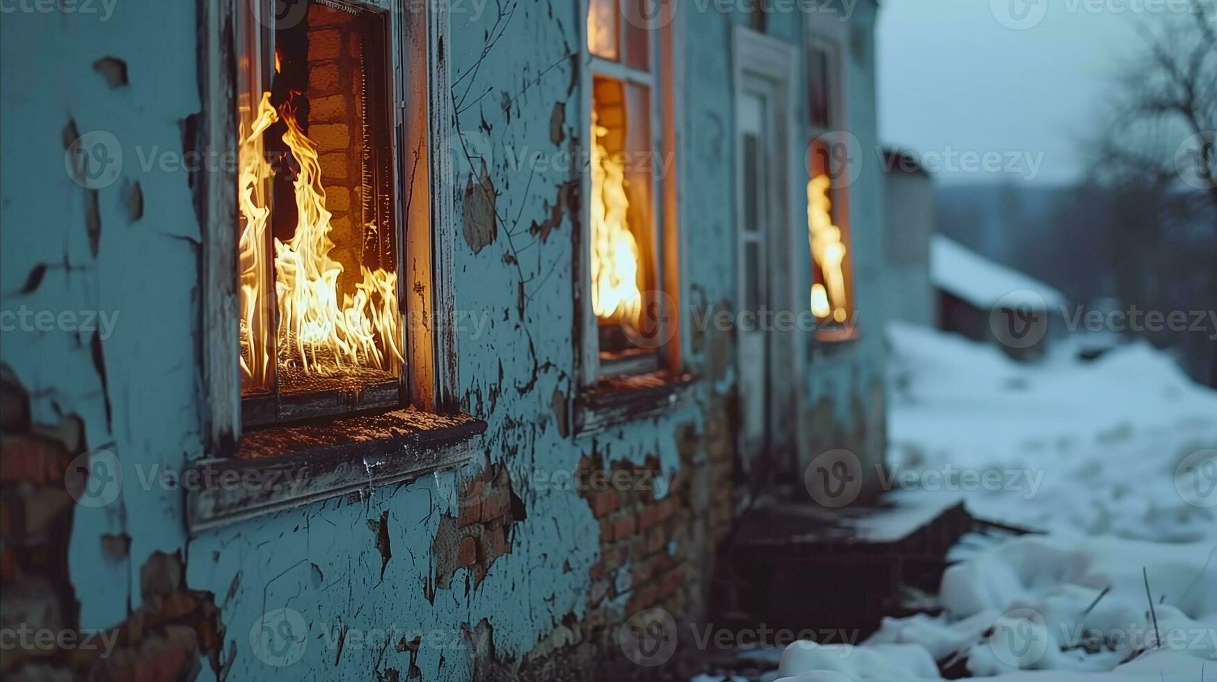 AI generated House fire in winter. Flames engulfing old building windows at dusk photo