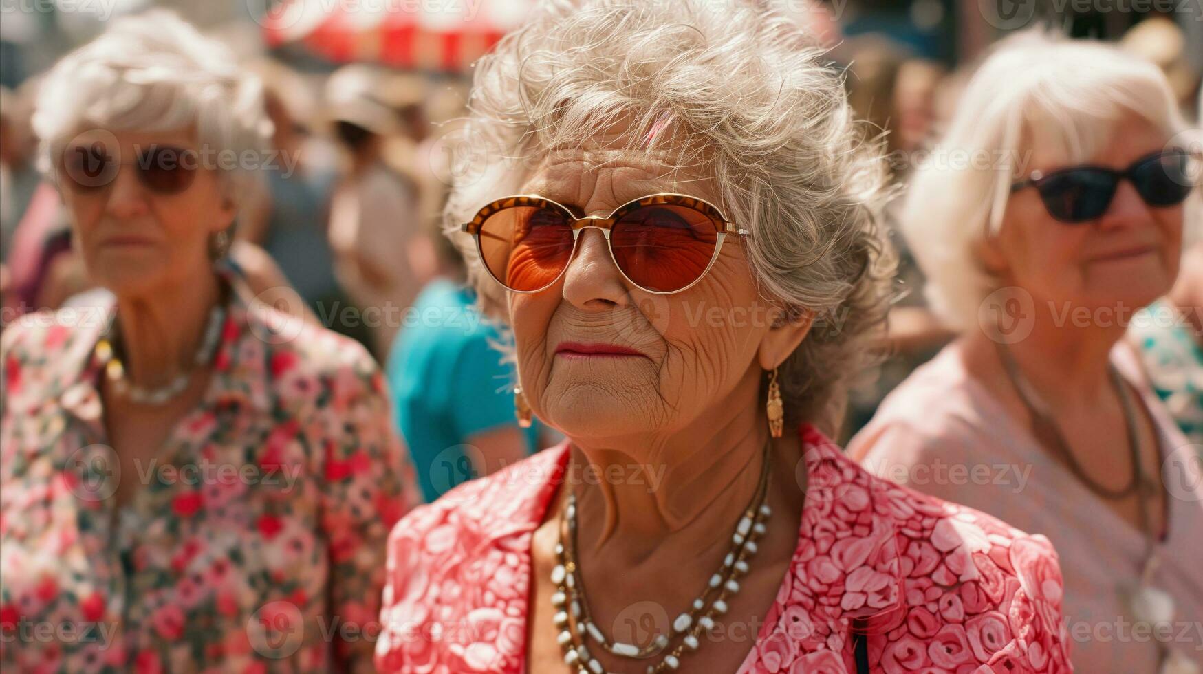 AI generated These women with sunglasses are standing in the middle of a crowd. Generative AI photo