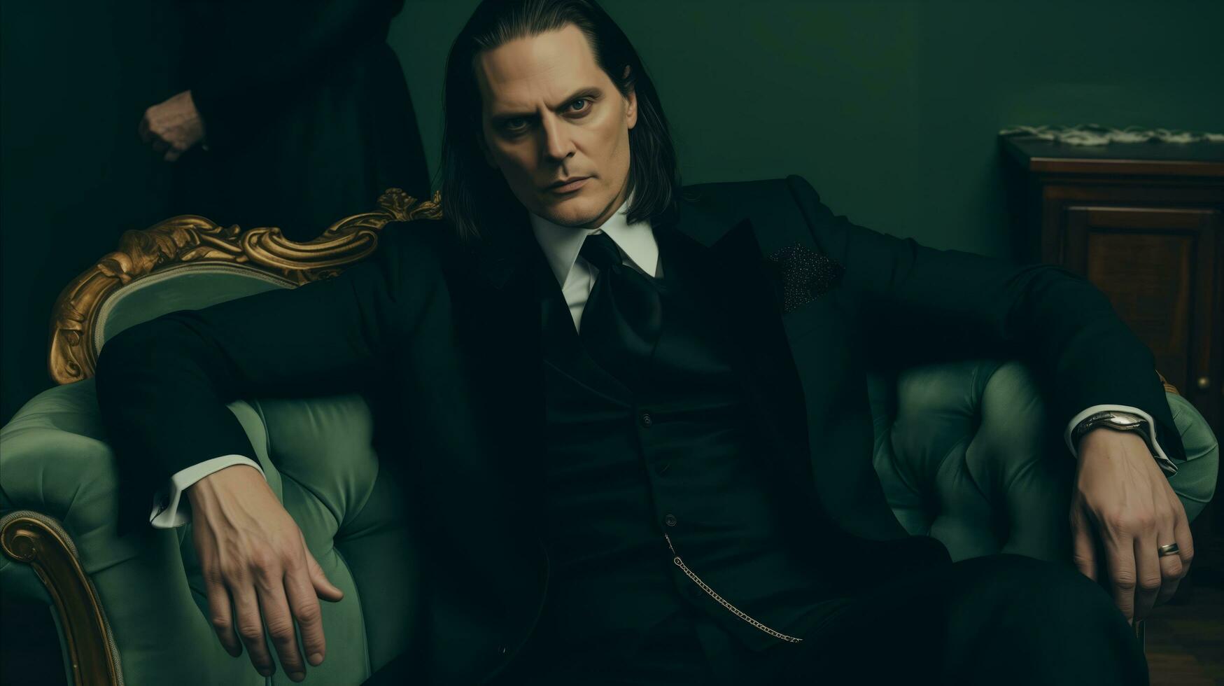 AI generated A man in a suit sitting on a green sofa. Generative AI photo