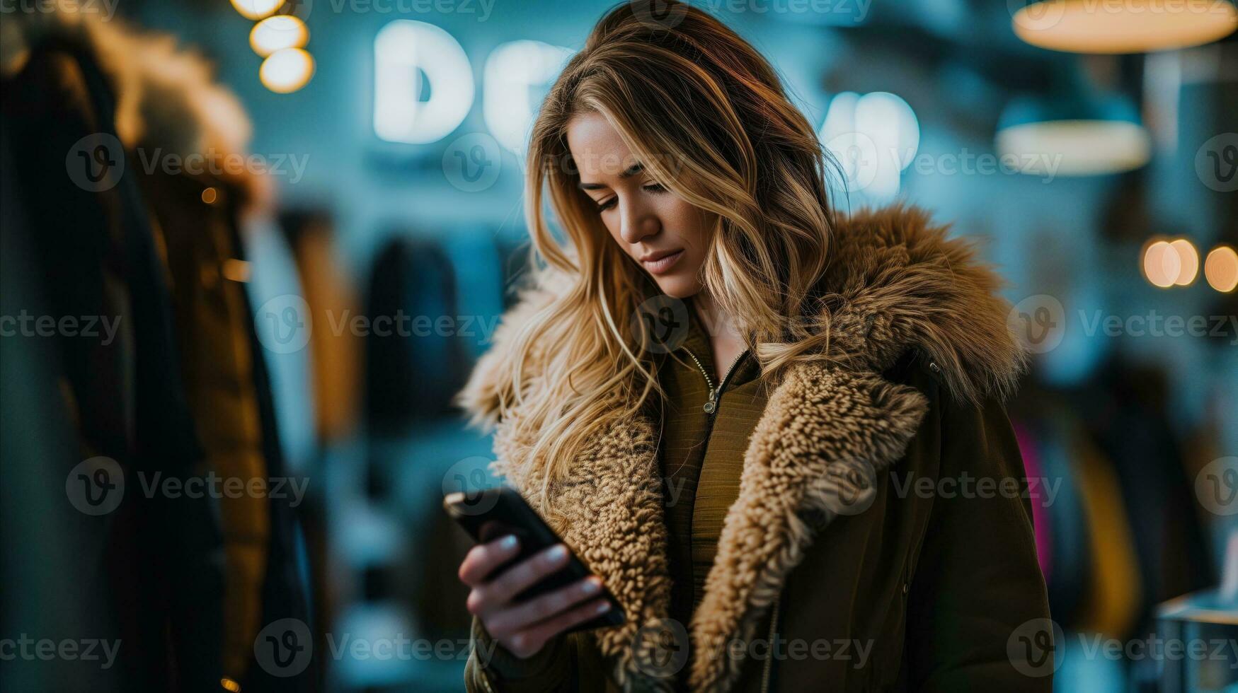 AI generated Young woman in coat looking at phone in store while crowded. Generative AI photo