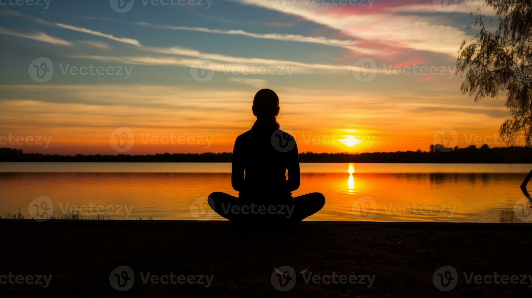 AI generated A person meditating in a sunset backdrop, finding inner peace and tranquility amidst the beauty of nature. Generative AI photo