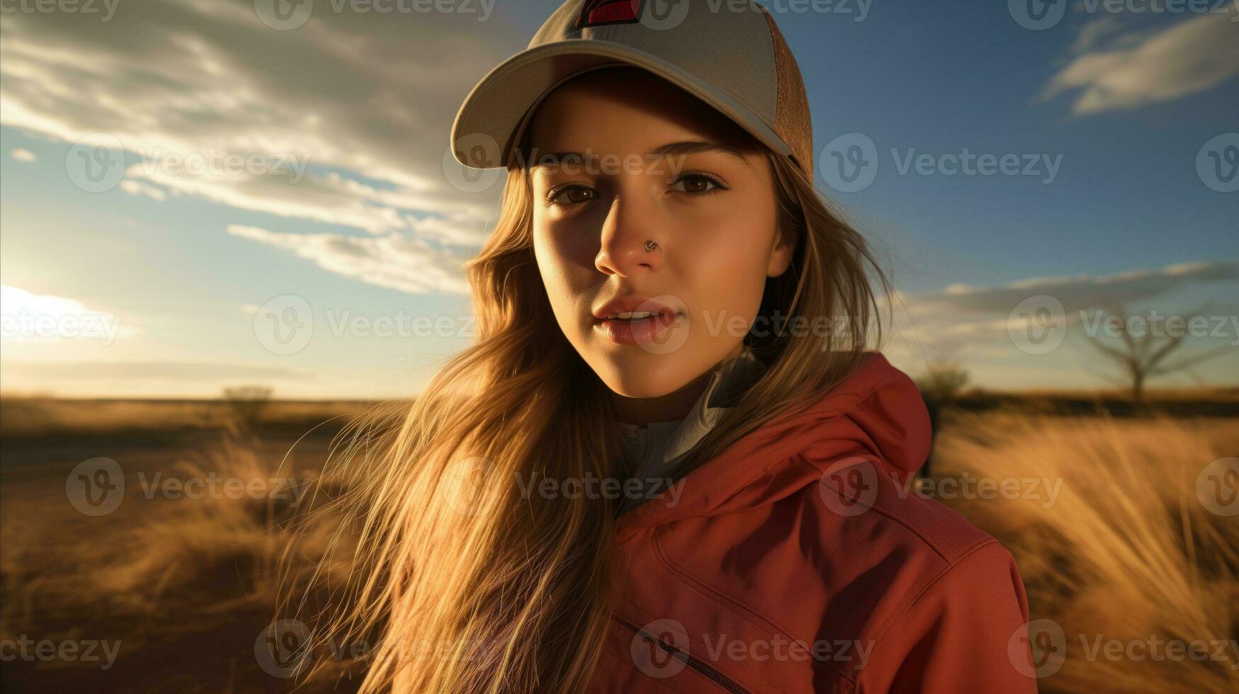 AI generated A woman wearing a hat in the desert looks happy. Generative AI photo