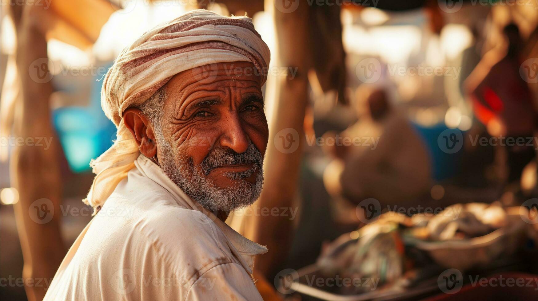 AI generated An old man sitting in the market. Generative AI photo