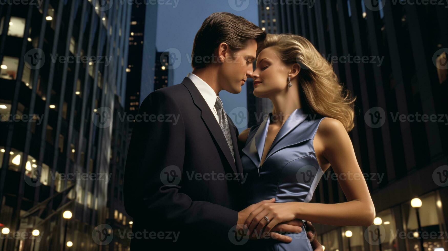 AI generated A couple passionately embraces and shares a romantic moment in the bustling cityscape. Generative AI photo