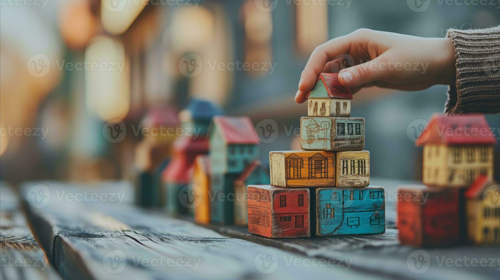 AI generated Child stacking colorful wooden block houses on a table photo