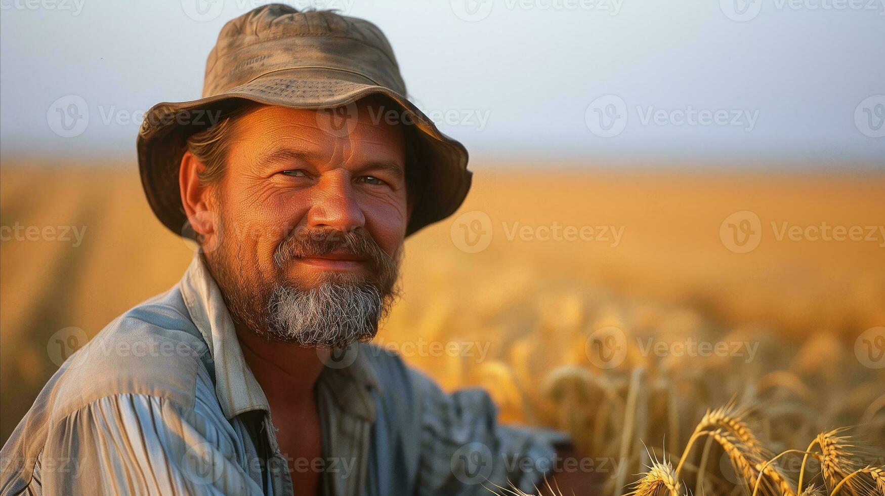 AI generated An elderly farmer standing in a wheat field. Generative AI photo