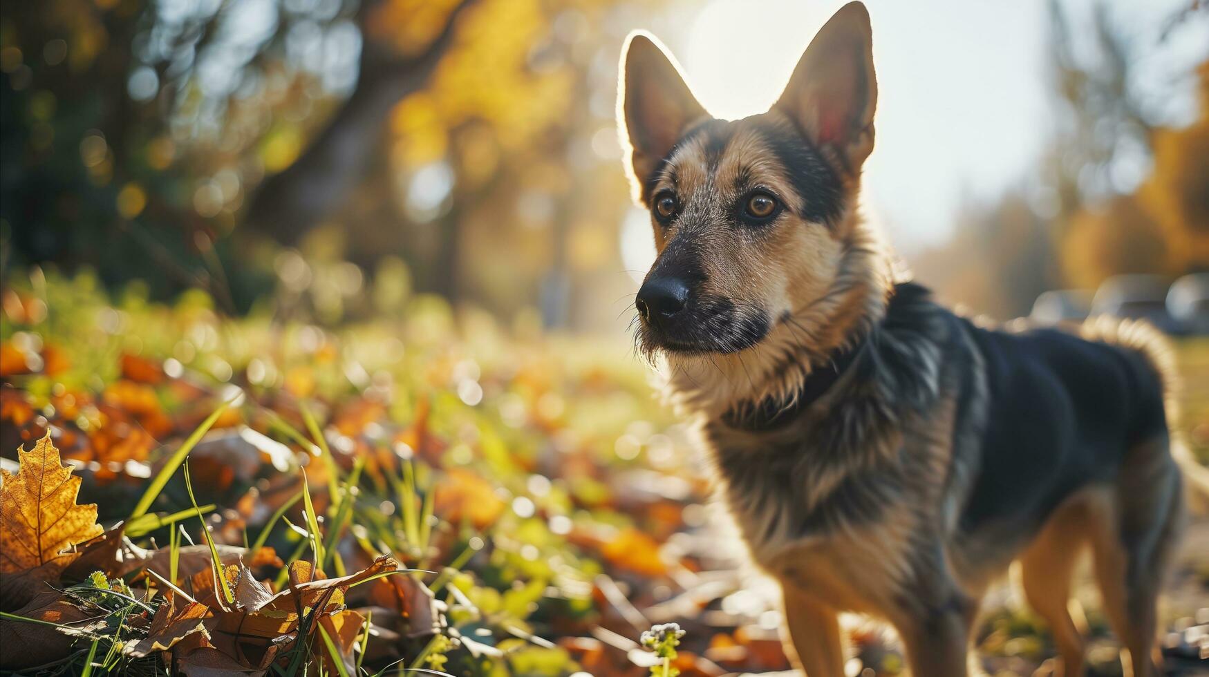 AI generated A dog that is standing in the fall leaves. Generative AI photo