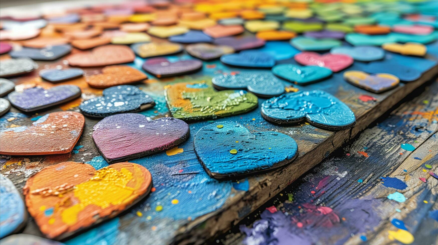 AI generated Rainbow painted hearts on a wooden table. Generative AI photo