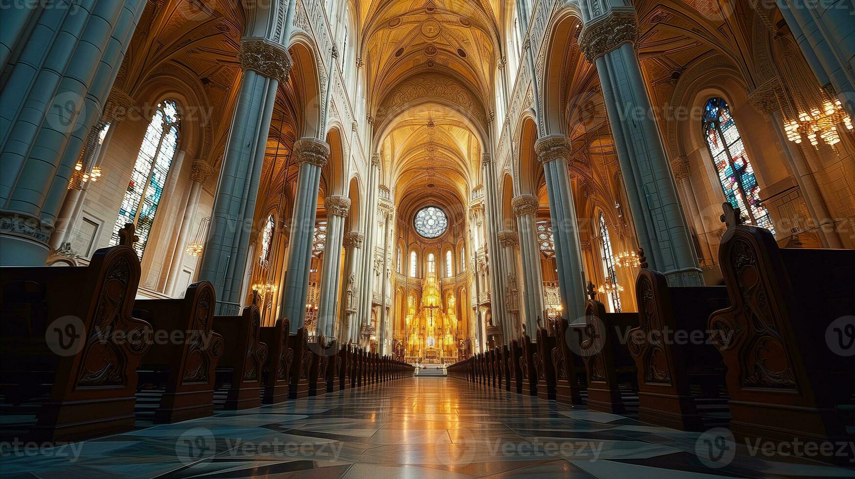 AI generated Majestic cathedral interior with gothic architecture and stained glass windows photo
