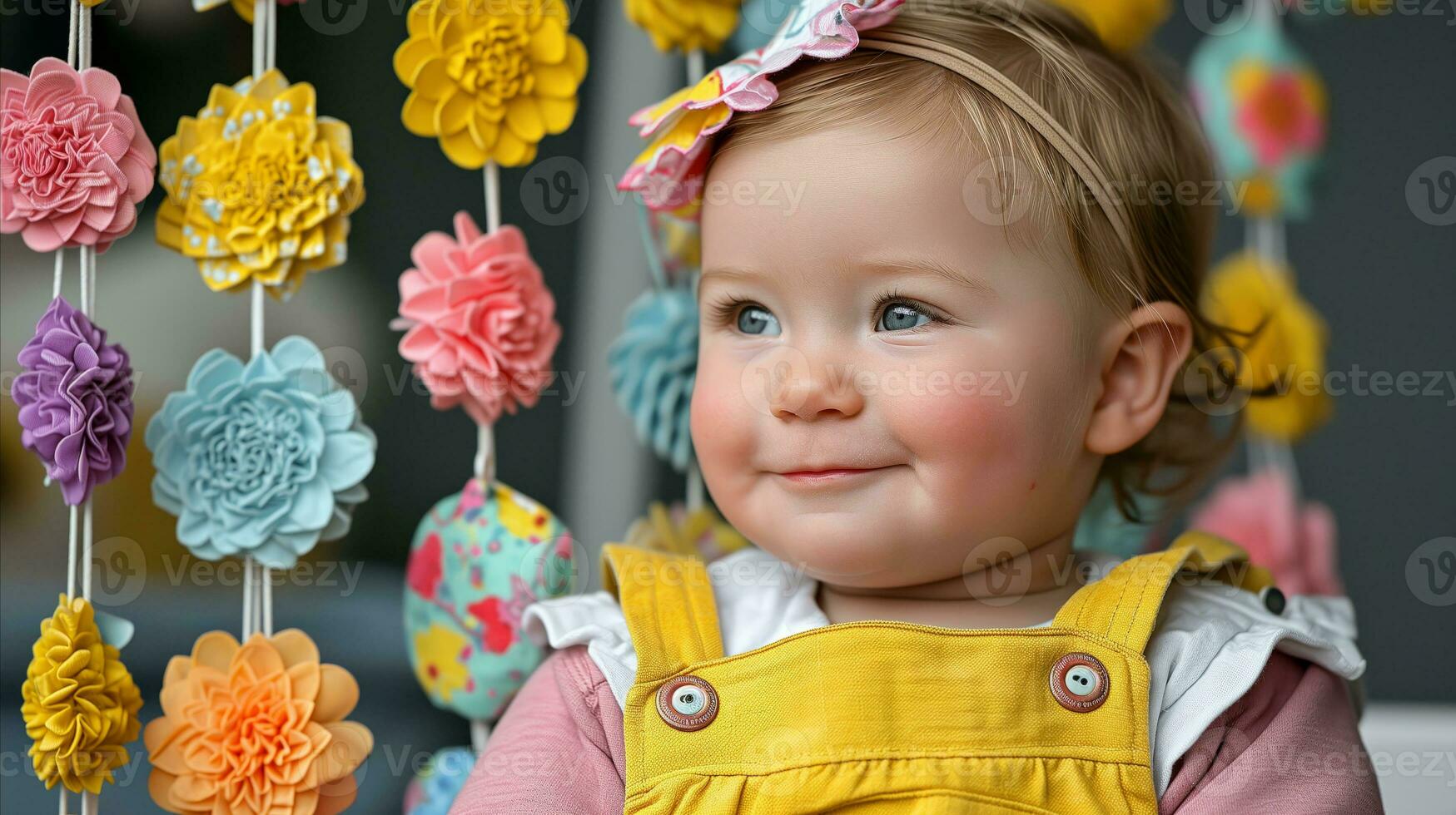 AI generated A baby looking at colorful wall hangings in a room. Generative AI photo