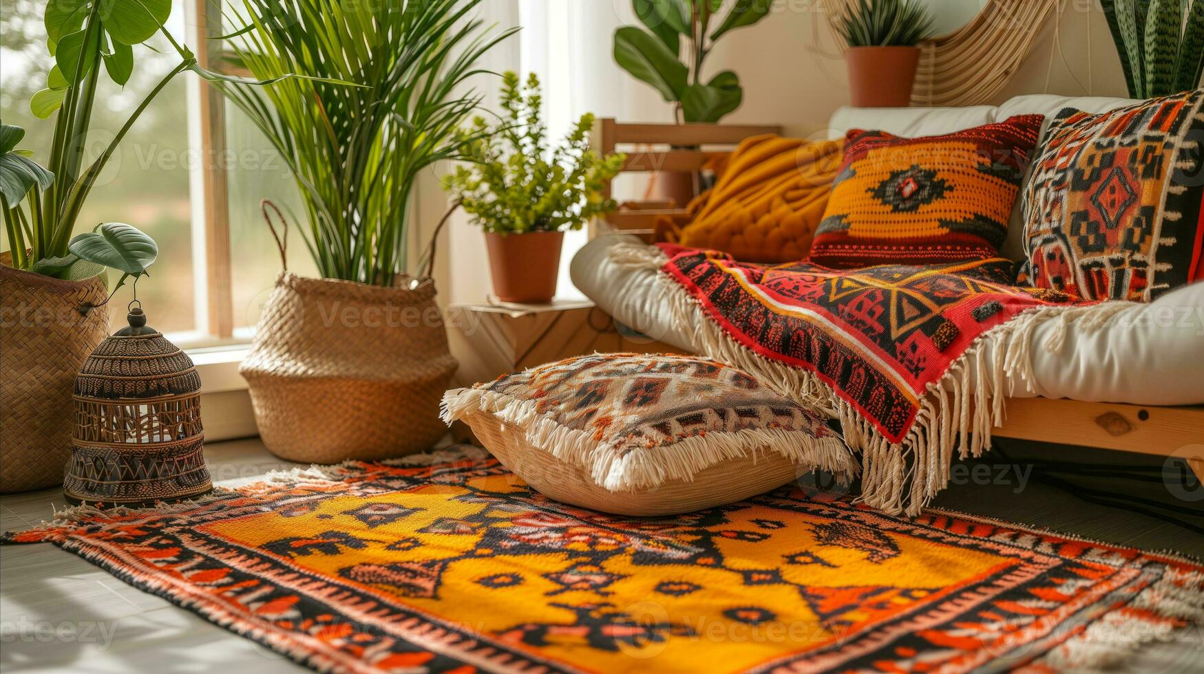 AI generated A cozy room with a patterned rug, vibrant potted plants, and a comfortable chair. Generative AI photo
