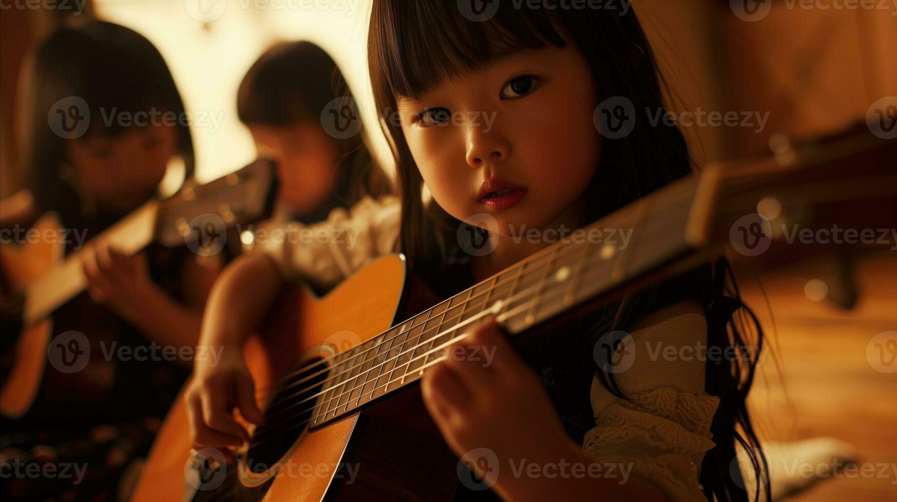 ai generado un joven niña jugando un acústico guitarra. generativo ai foto