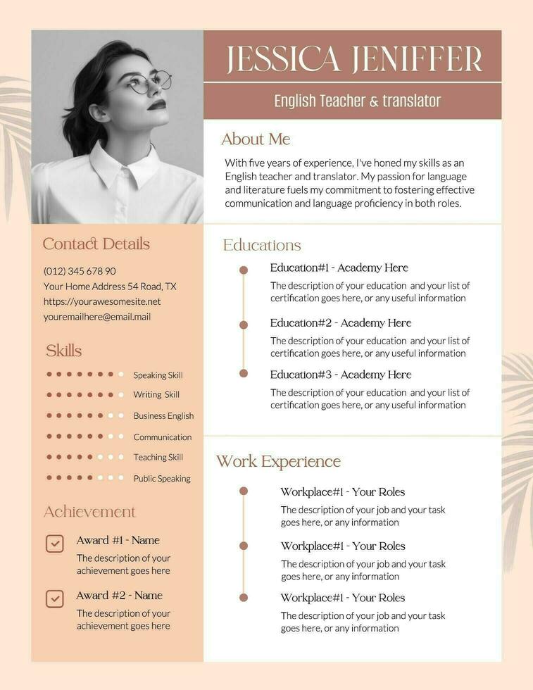 Peach Pastel with Leaf Teacher and Translator Curriculum Vitae Template