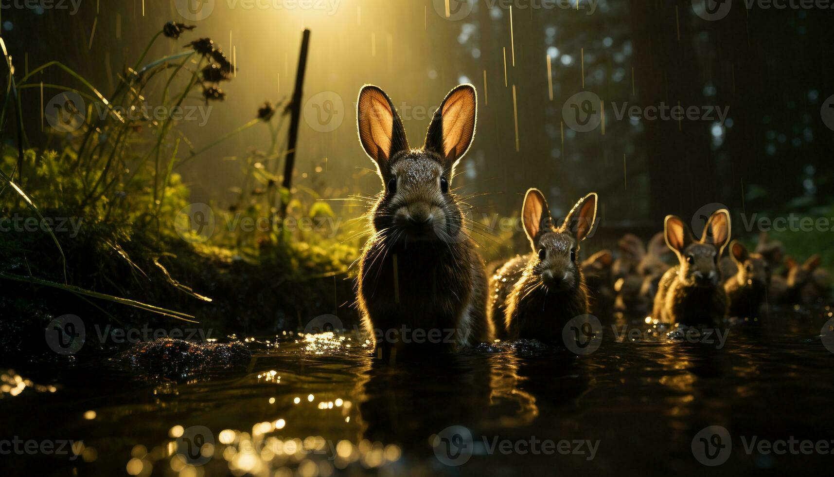 AI generated Cute rabbit sits on grass near wet pond at dusk generated by AI photo