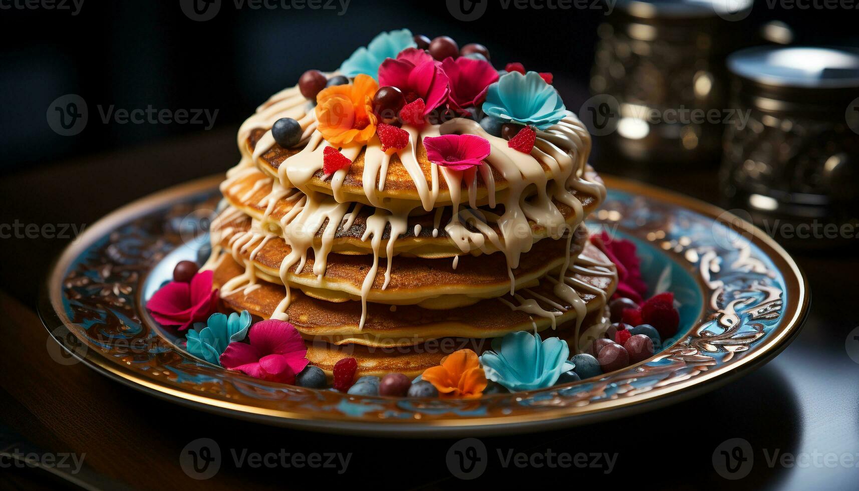AI generated Freshly baked pancakes with a stack of sweet berries generated by AI photo