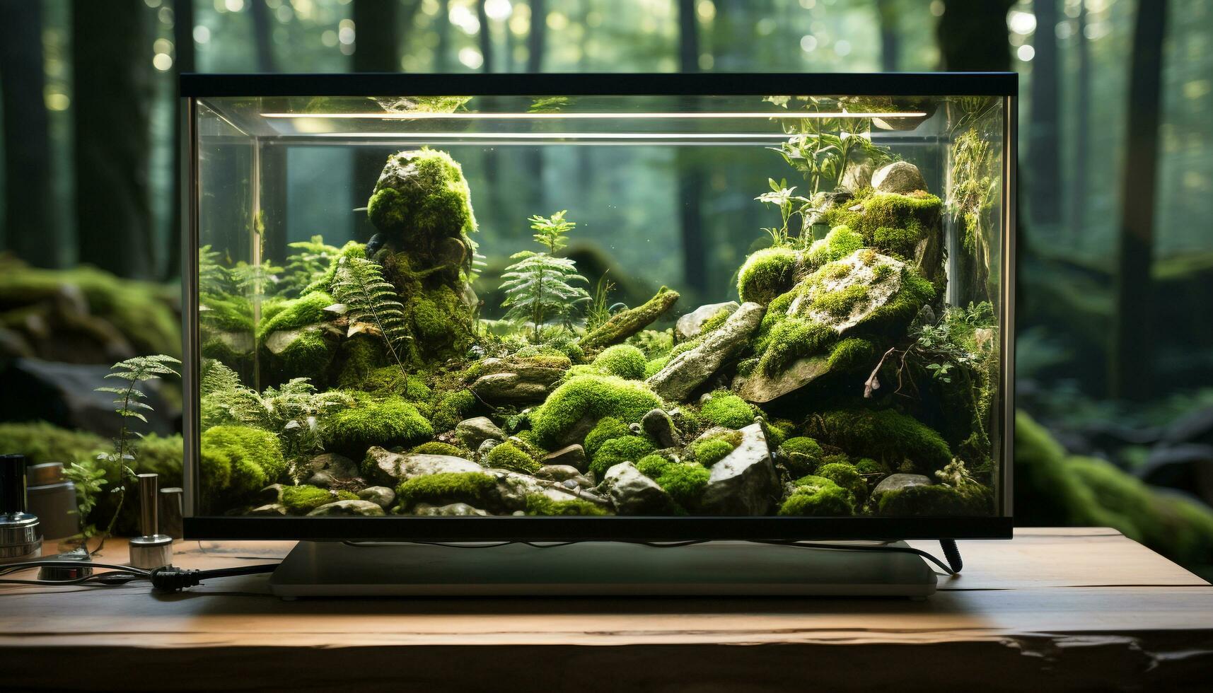 AI generated Underwater fish tank with green plants and modern design generated by AI photo