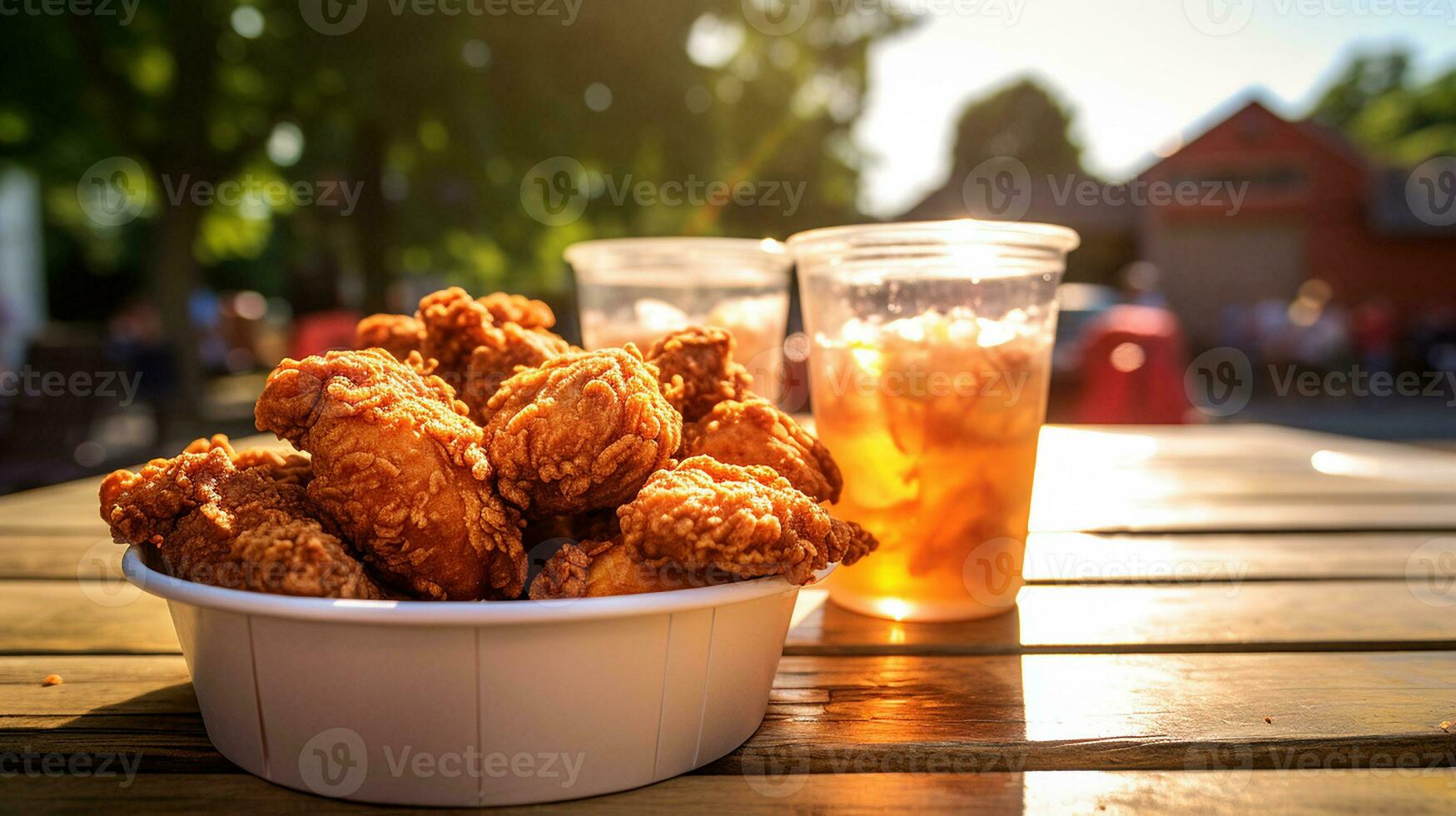 AI generated A bucket of fried chicken on a picnic table, Mid-angle Shot photo